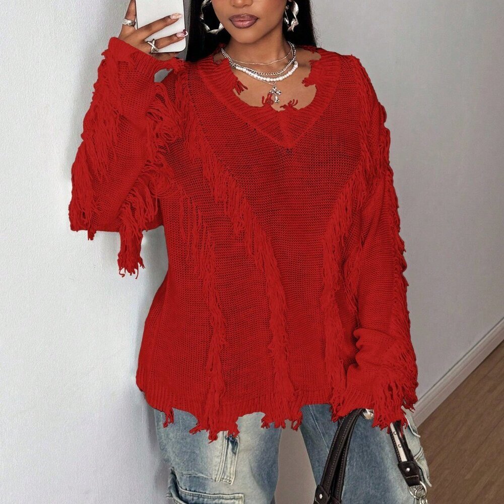 Red Casual Women's Valentine's Day Plus Size V-Neck Sweater